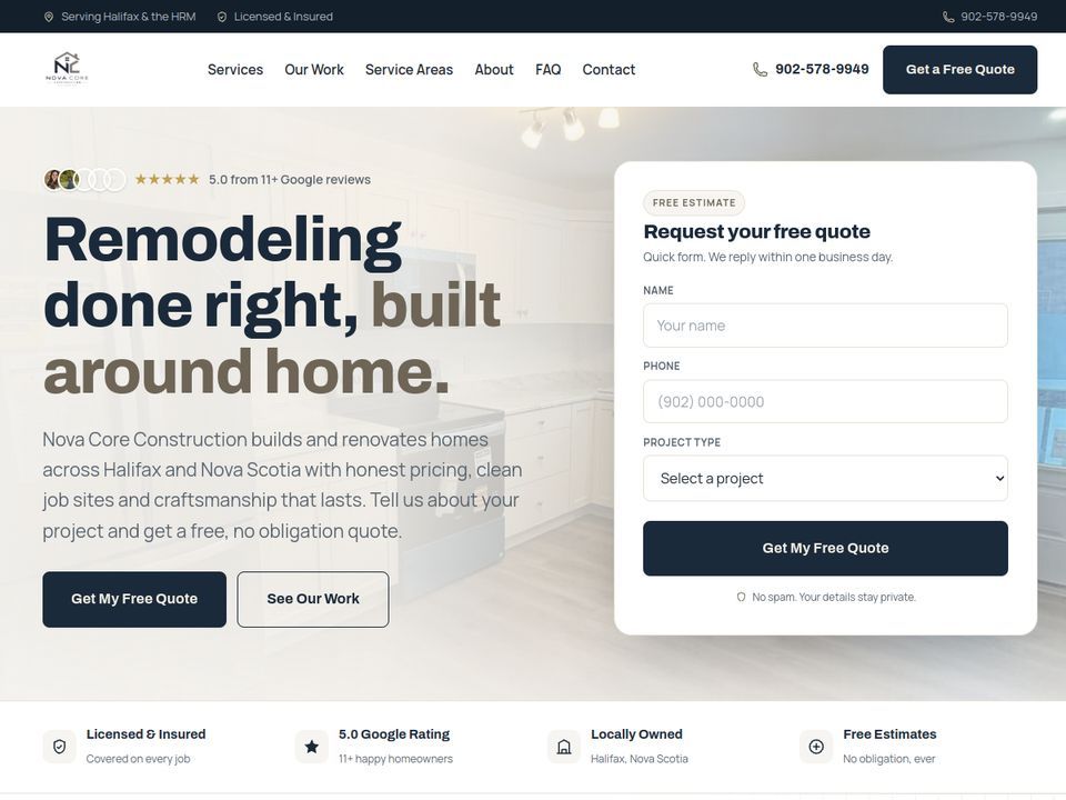 Nova Core Construction website built by Alp Web Studio